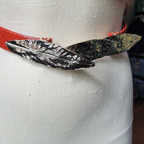 Vintage Red Faux Snakeskin Belt with Gold Tone Metal Leaves - Picture 2 of 16